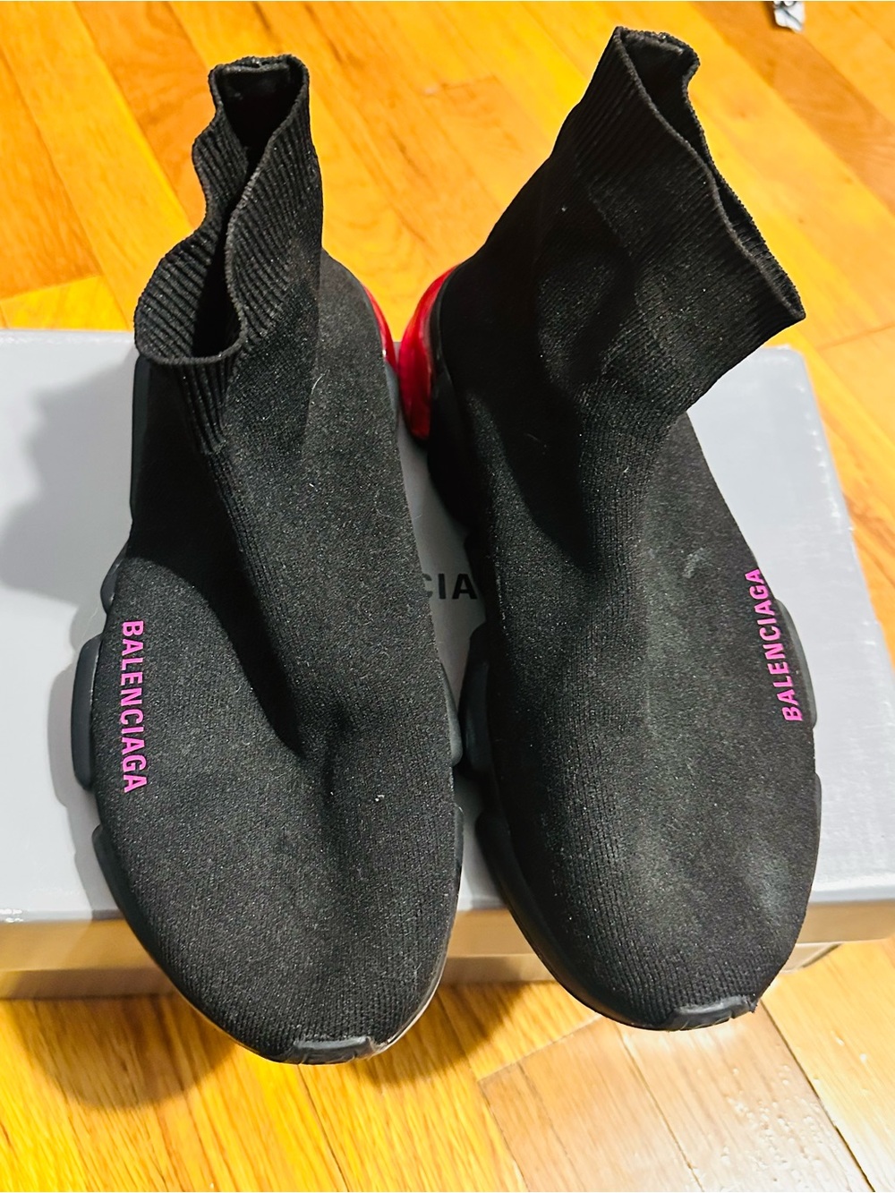 Balenciaga Black Knit Sock Sneakers with Pink Logo speed runner